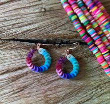 Load image into Gallery viewer, Upcycled rubber beads in mauve-blue shades wrapped on rose gold 1/2" hoop earrings