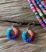 Load image into Gallery viewer, Upcycled rubber beads in peach-blue shades wrapped on rose gold 1/2" hoop earrings
