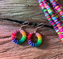 Load image into Gallery viewer, Upcycled rubber beads in colorwheel shades wrapped on rose gold 1/2" hoop earrings
